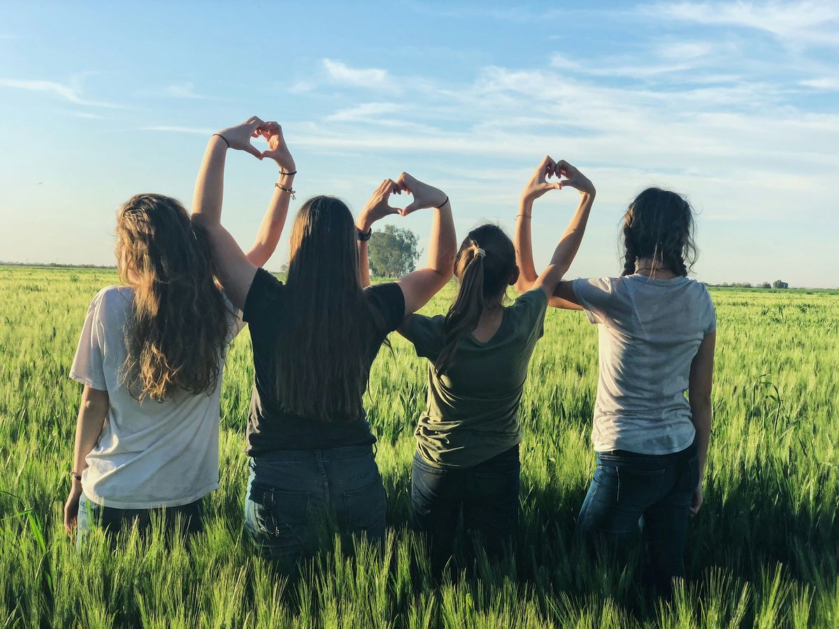 Friends making heart shapes with their hands in a green field