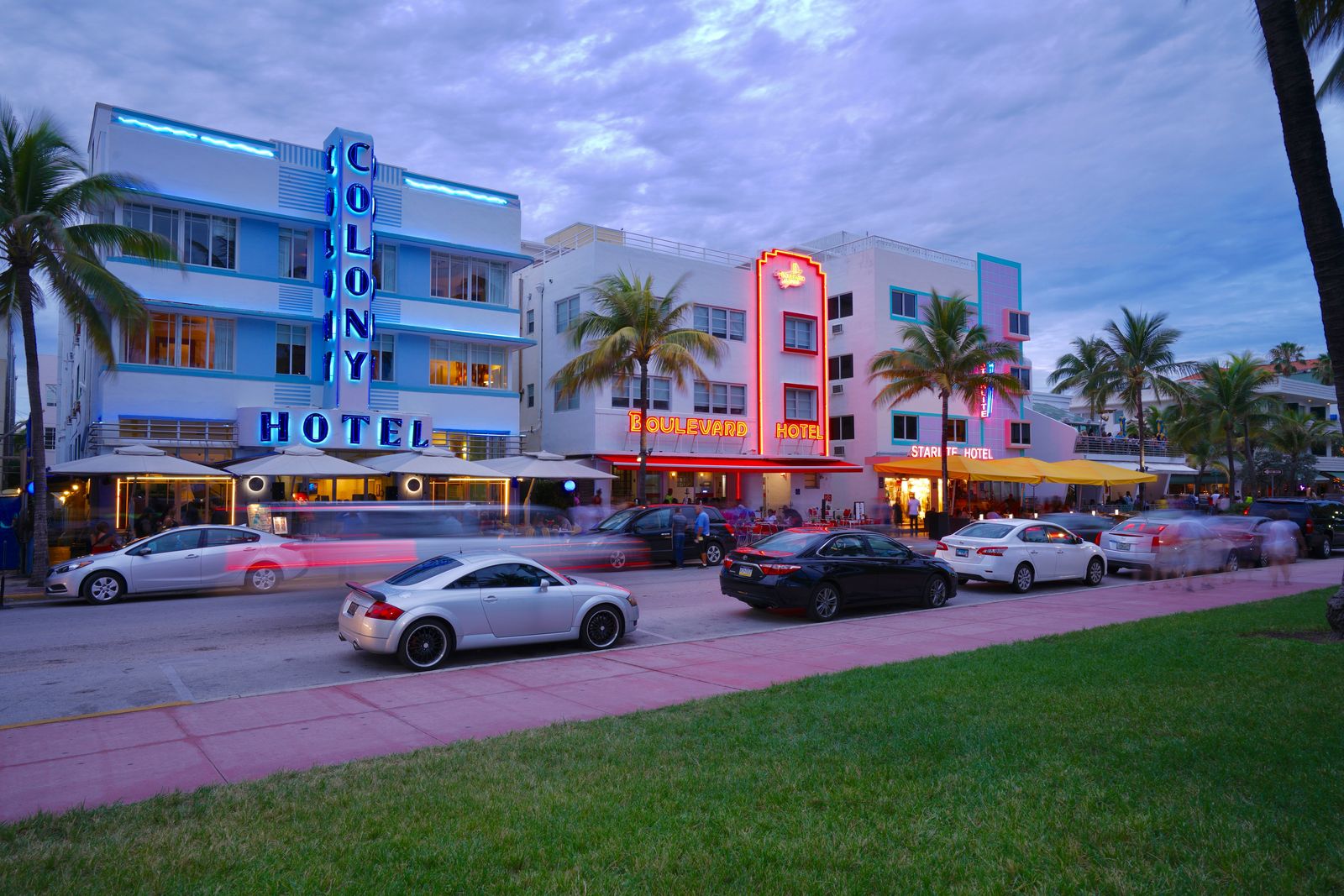 Ocean Drive in Miami Beach at dusk, home to many South Florida small businesses that offer group health insurance